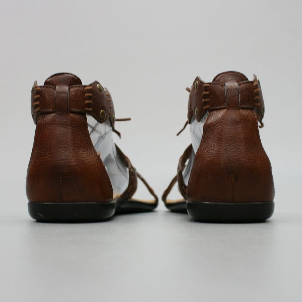 Frye Ladies 9 Laney Lace Brown Leather Open-toe Flat Slingback Gladiator Sandals - Picture 3 of 12